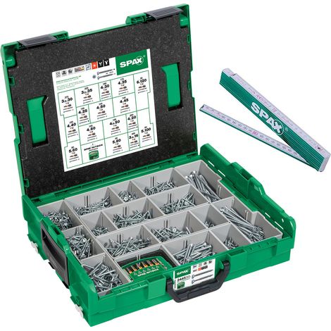 Geberit – Coffret de montage SPAX L-BOXX – 2446 pièces en 16 dimensions – Tête fraisée T-STAR plus – WIROX A9J – BITcheck et mètre pliant inclus