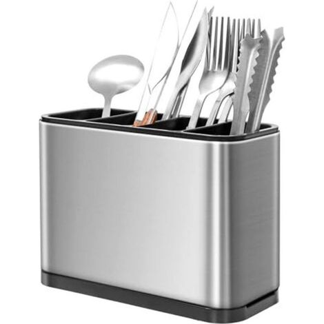 Besteckkasten mit 4 Fächern, Küchenaufbewahrung, Utensilienhalter-Organizer, rutschfester Besteckkasten aus Edelstahl mit herausnehmbarer Abtropffläche, für Löffel, Gabel, Messer (1/4)