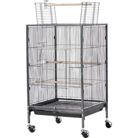 Cage à oiseaux, 460 x 460 x 770 mm, toit plat ouvert, volière en fer forgé avec perchoirs, plateau coulissant et mangeoires en plastique, roulettes, pour perroquet, mésange bleue, calopsitte, canari, (1/5)