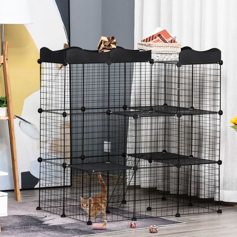Cage parc enclos pour petits animaux chats lapins modulable 3 niveaux 2 portes rampe fil métallique 105 x 70 x 116 centimètres noir