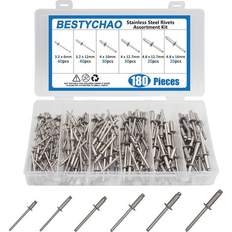180Pcs Kit de rivets aveugles, Rivets Pop en acier inoxydable 6 tailles Kit d’assortiment de rivets 3.2mm 4mm 4.8mm (1/5)