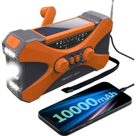Radio d'urgence solaire de 10 000 mAh, avec générateur à manivelle, lampe torche et radio USB multifonctionnelle  écologique. (1/4)