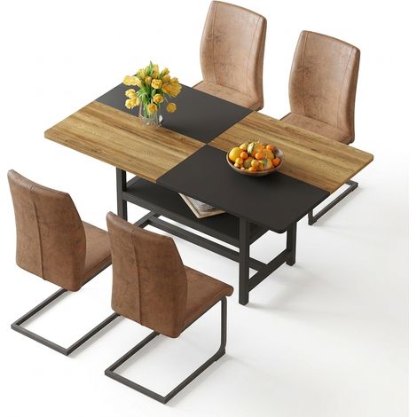 Ensemble table ronde et 2 chaises, plateau effet noyer 107 cm, double étagère, sièges en tissu marron clair (1/5)