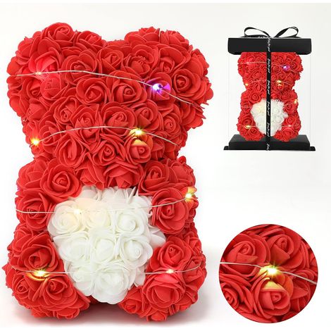 Teddybär aus Rosenblättern mit roter LED-Beleuchtung, in einer Geschenkbox, 25 cm, Valentinstagsgeschenkidee (1/5)