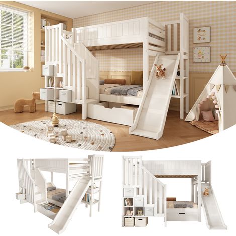 Lit superposé enfant 90x200cm avec toboggan, armoire-échelle, grands tiroirs & étagère ouverte, blanc, sommier à lattes, sécurité EN747-1:2024, pour familles avec plusieurs enfants (1/5)