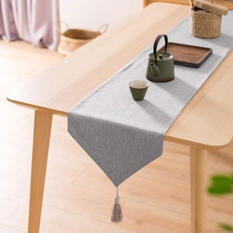 Chemin de table vintage en lin naturel orné de pompons, idéal pour la maison, les fêtes de Noël et les restaurants. Dimensions : 180 x 31 cm, gris. (1/5)