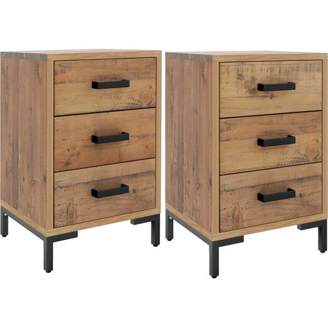 Conjunto de 2 mesitas de noche con 3 cajones 40x30x55 cm madera de pino marrón y metal DEC034761