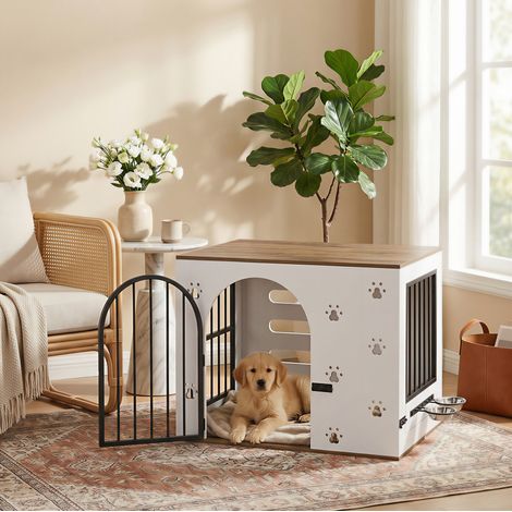 Cage pour chien 2-en-1 avec station de repas, meuble d’appoint, MDF et métal, 80×55×64 cm, blanc et chêne clair (1/5)
