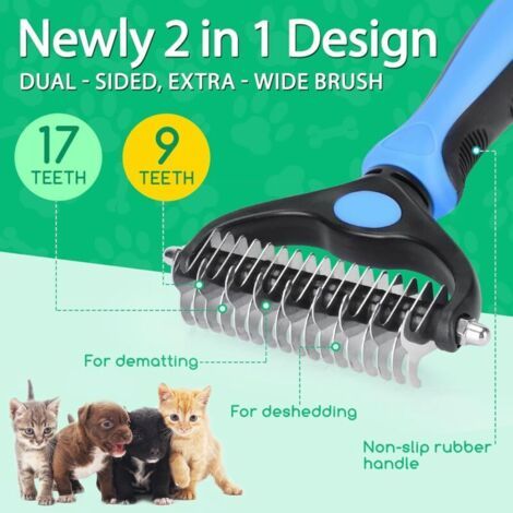 royaluxe-Outils de toilettage pour animaux – déméloir chien/chat bleu double face (17+9 dents), pour poils longs/moyens, élimine sous-poil/démêle nœuds tenaces (1/4)