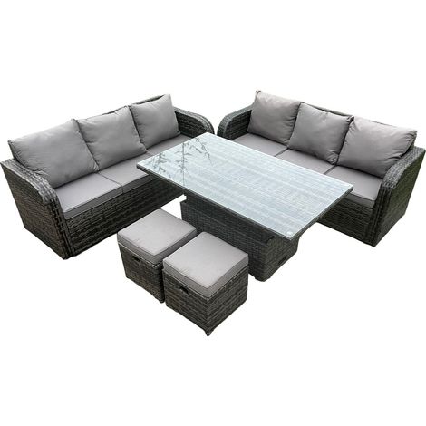 Fimous Ensemble de meubles de jardin en rotin extérieur pour 8 personnes avec table à manger réglable en hauteur et canapé avec 2 petits repose-pieds gris foncé Mix (1/5)
