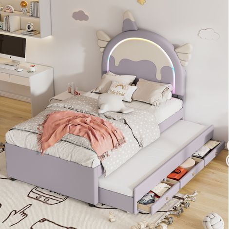 Lit enfant 90/200 cm violet en polyuréthane et panneau de fibres avec lit gigogne licorne (1/5)