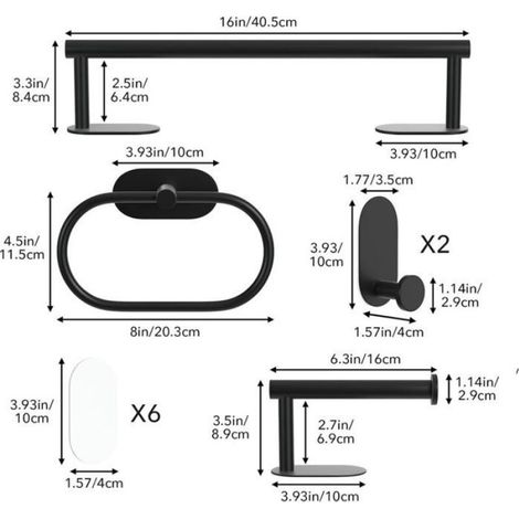 Porte-serviettes - - Lot de 5 - Noir - Fixation double pose - Salle de bain & cuisine (1/4)