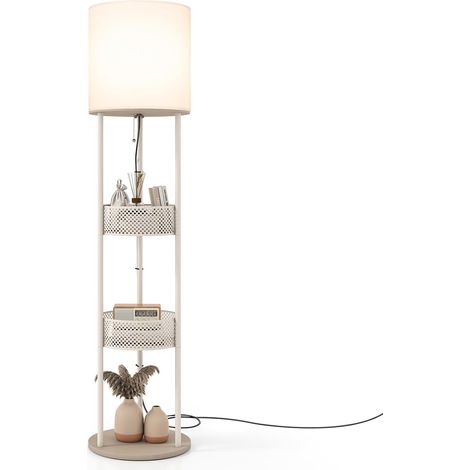COSTWAY Lampe Salon 158 cm, Étagère, Paniers de Rangement, Abat-jour en Lin (1/5)
