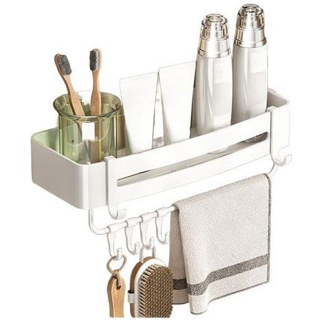 Mensola da bagno con portasciugamani, 33×15×6 cm, mensola rettangolare, senza fori, con ganci - Bianco (1/3)