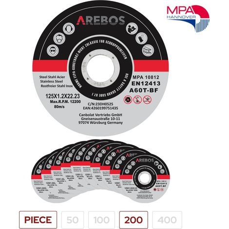 AREBOS cutting discs flexible discs Ø125 mm receiving 22.23 mm thickness 1.2 mm 200 pieces