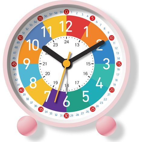 Analoger Kinderwecker zum Erlernen der Uhrzeit, farbiges Zifferblatt, geräuschloses Uhrwerk, batteriebetrieben mit Nachtlicht, Dekoration für Jugend- und Kinderzimmer (Rosa) (1/5)