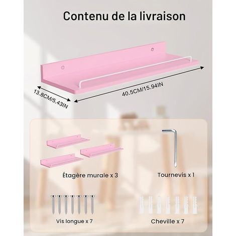Étagères Murale, Tablette Murale , Etagere Murale Bois Salle de Bain, Chambre, Bureau, Salon, Cuisine 40x14cm (Rose) (1/2)