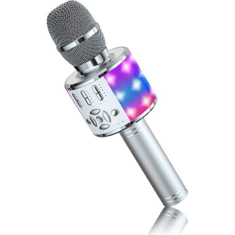 Microphone Bluetooth sans Fil, Micro Enfants avec Lumières LED, Mini Machine Karaoké pour Fête/Maison/Anniversaire, Compatible avec Bluetooth iOS Android (Argent) (1/5)