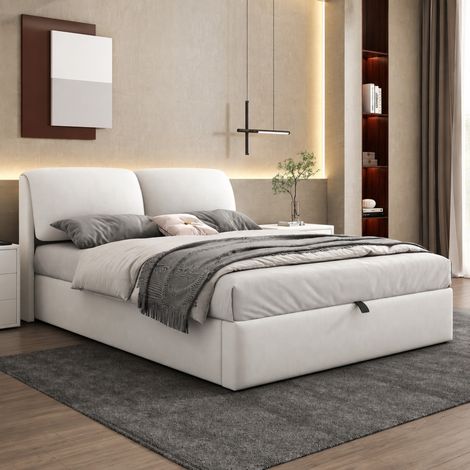 MEUBLIV Letto 140x200 cm beige con contenitore idraulico, 3 cassetti, senza materasso (1/5)