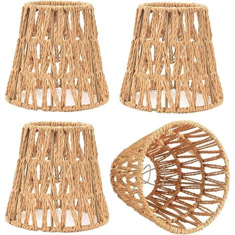 Set of 4 Natural Rattan Lampshades, Ø15 cm, H15.8 cm, For E26 E27 Bulbs, Vintage Bohemian Style (1/5)