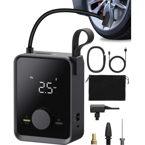 Compresseur à Air Portatif, Gonfleur Pneus Voiture Pro,120PSI Portable Tire Inflator avec Lumière LED, 12V DC,Batterie de 7500mAH,Mini Air Pompe pour Voiture, Moto Bicyclette, Boule (1/5)