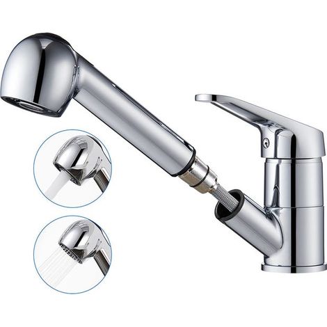 Mitigeur de Cuisine Auralum, Chromé Extractible, Robinet avec Douchette, Bec Bas pour Évier, Rotatif 360°, Eau Chaude/Froide (1/5)