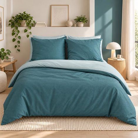 Parure de lit - Housse de Couette - 220x240 cm - 2 Taies d'oreiller - Bi-matière - Bleu (1/5)