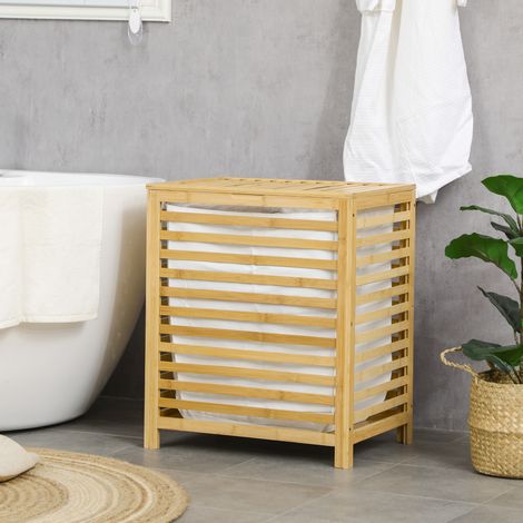 Wäschekorb mit Lattenrost, Schmutzwäschekorb, Bambus und Polyester, abnehmbarer Deckel und Beutel, Badezimmer und Schlafzimmer, 50 x 36 x 60 cm, Holzfarbe