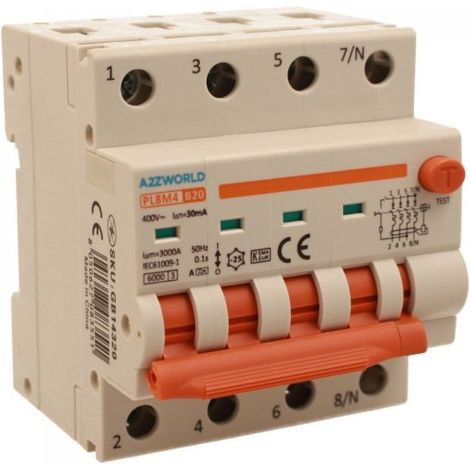 RCBO Interruttore Magnetotermico Differenziale Con Doppia Leva Tipo A Curva B 4P 4M 6000A 30mA, Diagnostica Visiva, B20A  AC 400V IP20 IEC61009-1 PL8M4 4P