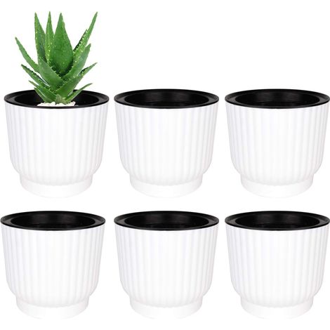 Boîtes à fleurs rondes en plastique auto-remplissantes 6 pièces - Blanc, pots avec arrosoirs avec système d'arrosage pour une plantation facile de fleurs, décor de jardin à la maison (1/3)