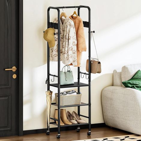 Portant à Vêtements Mobile 3 Niveaux avec 4 Roulettes (2 Freinables), 1 Barre de Suspension, 3 Étagères et 8 Crochets, pour Entrée, Chambre, Dressing, Salon, Noir DTYM17BB (1/5)