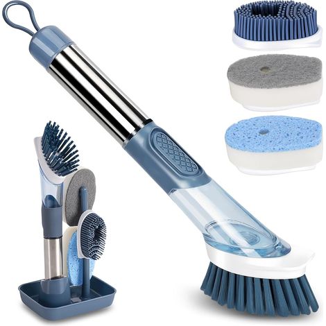 1 Brosse Vaisselle, Distributeur Liquide, 4 Têtes Remplaçables, Manche Antidérapant, Rangement Cuisine (1/5)
