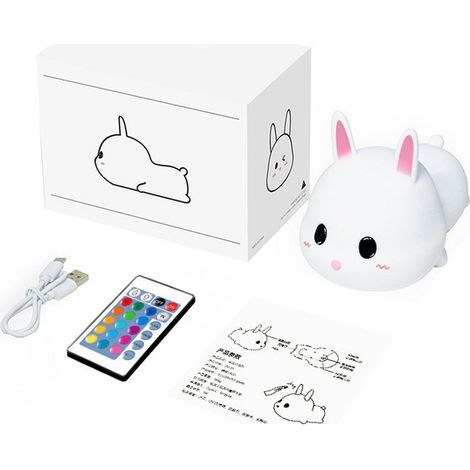 Ortviai Veilleuse en Silicone Lapin Mignon avec Télécommande, 16 Couleurs, Rechargeable par USB-C, 1 W (1/5)