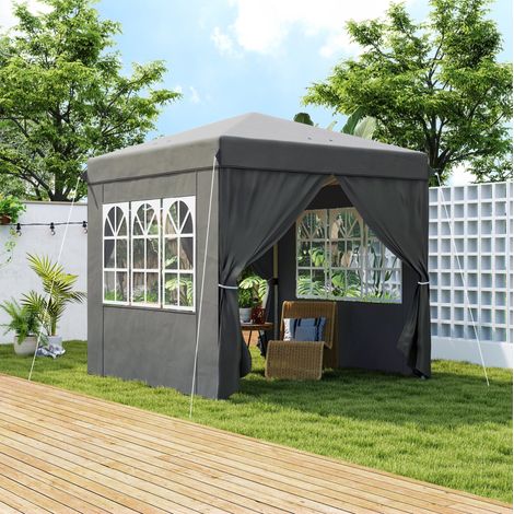 Padiglione da giardino pop-up 250x250 cm in poliestere grigio scuro, pieghevole con 4 pareti laterali e altezza regolabile (1/5)