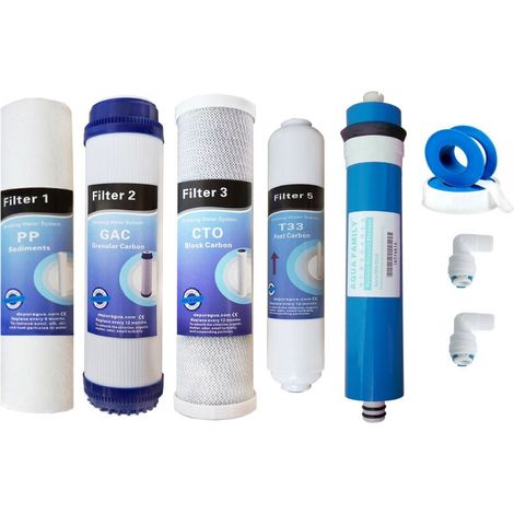 Kit 4 Filtres + Membrane Osmose Inverse 50 GPD - Pour Systèmes Domestiques - 25 cm x 7 cm - Polypropylène Charbon Actif (1/5)