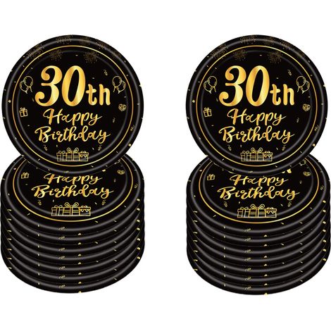 16 PCS Assiette Jetable 7 Pouces,Assiette Anniversaire Noir Gold,Decoration Anniversaire 30 Ans,Assiette Dessert Jetable pour Fêtes Joyeux Anniversaire Decoration,Kit Vaisselle Jetable Anniversaire (1/5)