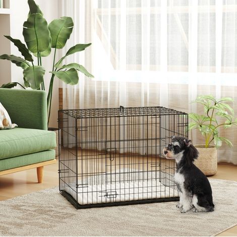 Gabbia pieghevole per cani con 2 porte, vassoio estraibile, cuscino, 75 x 48,5 x 53 cm nera DESVIAE (1/5)
