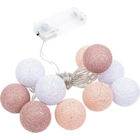 guirlande lumineuse, 10 led blanc chaud, boules coton 3,5 cm, minuterie 6h/18h, piles aa, décoration intérieure (1/5)