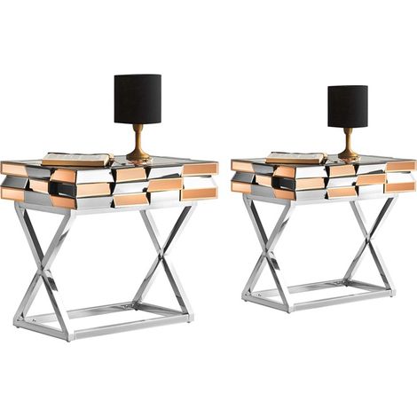 MEUBLER DESIGN Lot De Deux Table De Chevet En Verre Miroir 3d Or Et Miroir, Verre, Chrome, Miroir, Rectangulaire, Style Contemporain, 54.5 x 40 x 60 cm (1/5)
