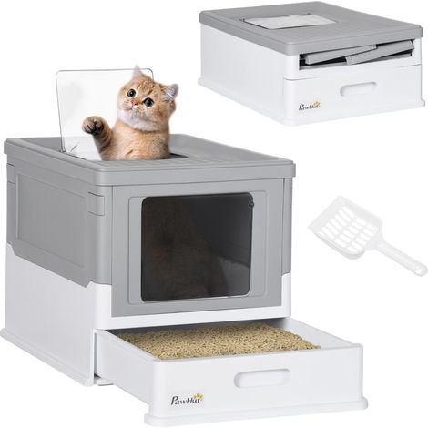 Bac à litière pour chat en polypropylène à 2 portes, fermé, avec pelle et plateau amovible, 47.5 x 35.5 x 36.7 cm (1/5)