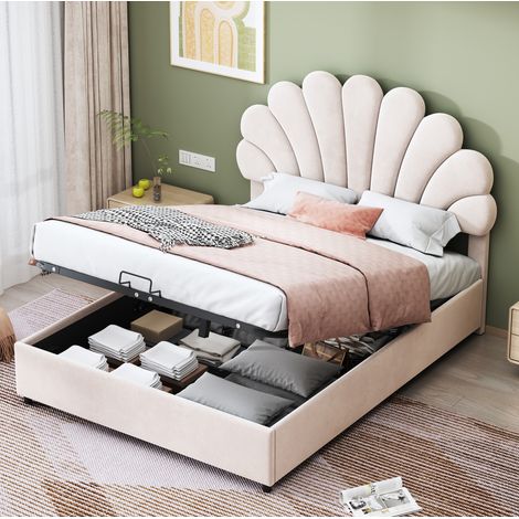 Polsterbett 140/200 cm Beige aus Samt mit floralem Kopfteil und Stauraum (1/5)
