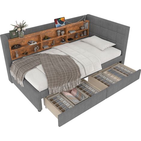CAIziLit de jour 90200 cm, canapé-lit, avec 2 tiroirs, USB + Type C, plusieurs niches de rangement, lit avec sommier à lattes (sans matelas), lin, gris (1/4)