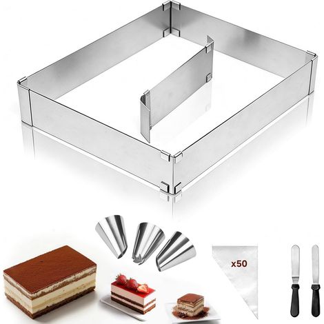 Rectangular and Extendable Stainless Steel Patisserie Frame, Adjustable from 18 x 28 cm to 32 x 53 cm, with 2 Spatulas, Ideal for Cakes, Pies and Mousse (1/5)