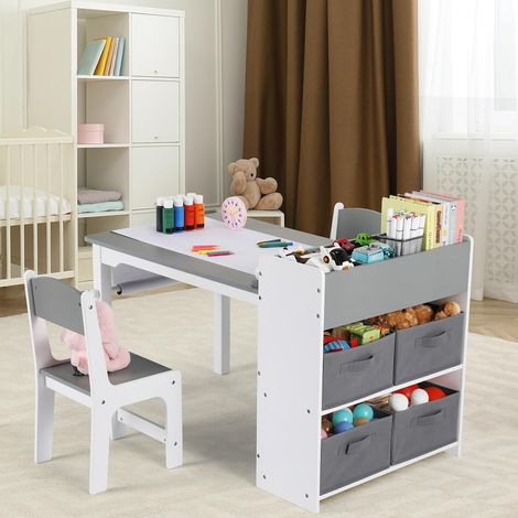 Kindertisch mit 2 Stühlen Holzstuhl-Set Maltisch Kindersitzgruppe mit Aufbewahrung Grau