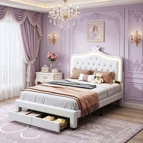 Cama individual 140x200 cm – PU – LED – Cabecero con forma de concha – Somier de láminas de madera – Estilo princesa