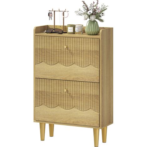 Schmaler Schuhschrank für 12 Paar Schuhe mit 2 Klappschubladen, verstellbaren Einlegeböden, 60 x 24 x 92 cm, Eiche