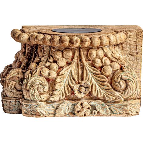 Porte-bougie teck ethnique style ancien - Teck vieilli aux accents cuivre et vert (1/5)