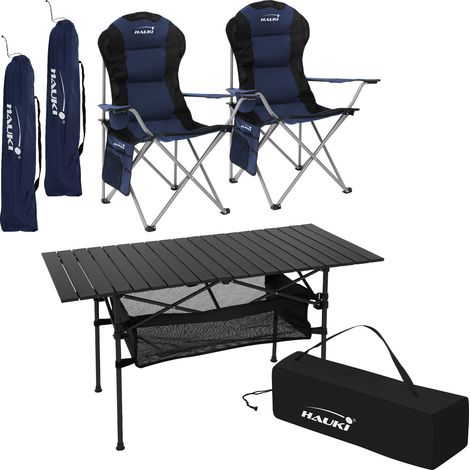 Hauki Set Tavolino Nero e 2 Sedie Blu in Alluminio con Portabevande da Campeggio Pieghevole Set Camping con Borsa da Trasporto Resistente alle Intemperie adatto al Esterno da Giardino Tavolo da Picnic (1/5)