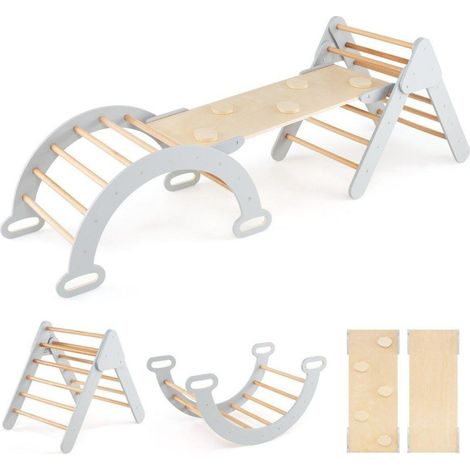 Bois de hêtre, triangle d'escalade Montessori avec arche et rampe double face, jeu d'intérieur gris (1/5)