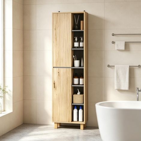 Armoire de salle de bain haute, meuble de salle de bain avec 6 compartiments ouverts et 2 portes (1/5)
